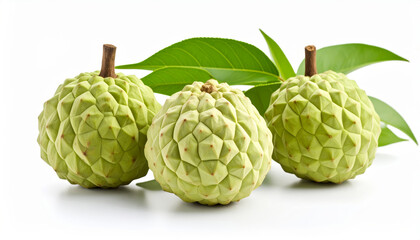 Fototapeta premium Three Sugar Apples with Green Leaves on a White Background, Studio Shot