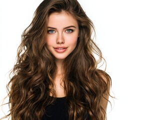 Naklejka premium Stunning portrait of a woman with long, wavy brown hair. Perfect for beauty, hair care, and fashion. Ideal for websites, magazines, and advertisements.