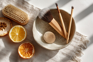 Fototapeta premium A vibrant flat-lay showcases natural beauty tools and citrus slices, emphasizing eco-friendly self-care and organic cosmetic routines in bright, inviting light.