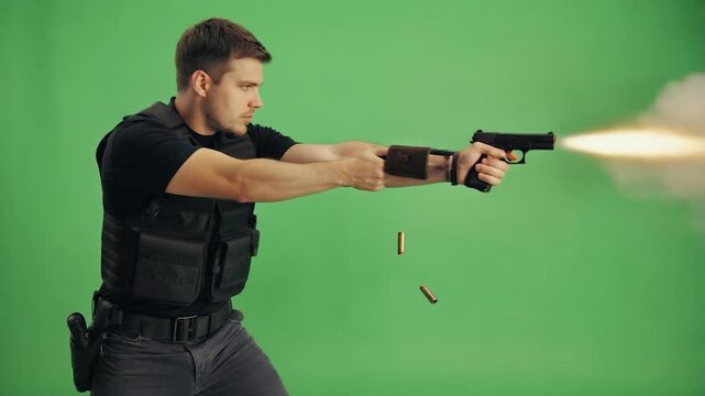 Man shooting gun action portrait