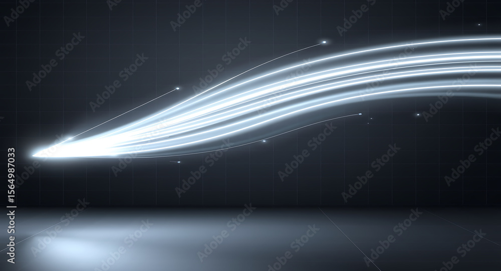 Poster glowing light trails moving across a dark grid background abstract motion