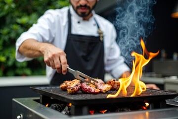 Close-up image of a chef grilling a gourmet dish outdoors over an open flame.