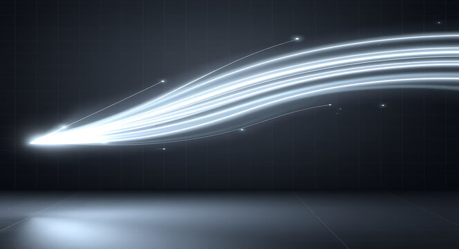 Glowing light trails moving across a dark grid background abstract motion