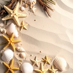 seashells on the sand, space for text 
