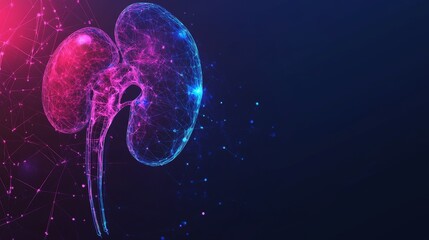 Human kidney anatomy in low poly polygon style with glowing pulse wave on dark medical science background
