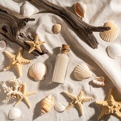 Flat lay of assorted seashells, driftwood, small glass bottle with sand, coral and starfish