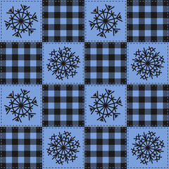 Christmas Snowflakes Patchwork Buffalo Plaid Quilt Seamless Pattern
