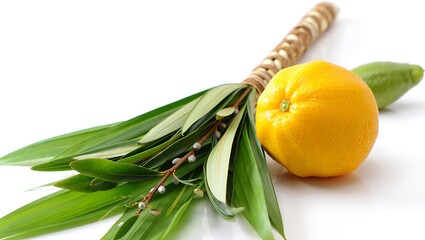 Close up of a lulav with etrog hadassah and aravah on a white background for the jewish holiday