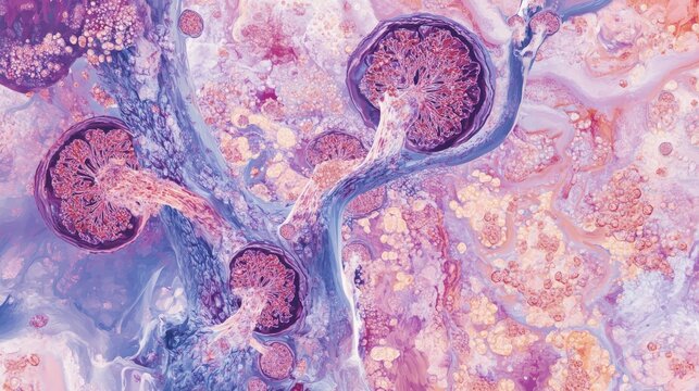Histopathology image showing chronic kidney disease damage in renal tissue under microscope