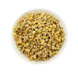 Dry chamomile flowers in bowl isolated on white, top view