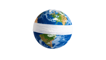 Earth wrapped in a bandage, isolated on transparent background, concept of global healing