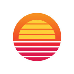 simple sunset icon with 80s style retro horizontal stripes