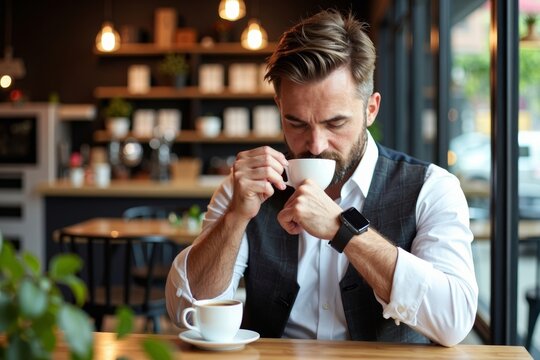 Businessman Monitoring Stocks on Smartwatch at Stylish Coffee Shop