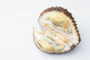 Fresh ripe durian on white background, space for text. Exotic fruit