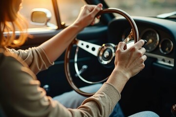 Naklejka premium Contrast of Vintage Car Steering Wheel and Smartphone Use While Driving