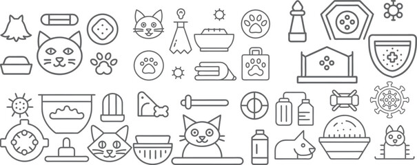 Comprehensive Pet Care Icons for Cats and Dogs Featuring Essential Items
