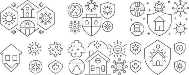 Health and Safety Icons Featuring Homes, Viruses, Shields, and Medical Symbols