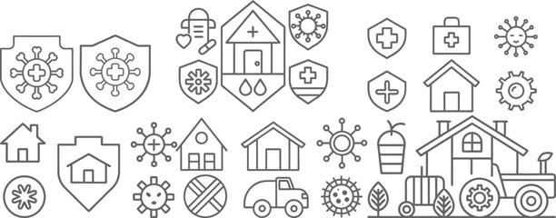 Health and Safety Icons Representing Home, Farming, and Virus Protection