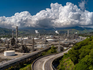 Obraz premium Aerial View of Oil Refinery from Mountain Lookout – Industrial Energy Facility with Steel Pipelines under Partly Cloudy Sky