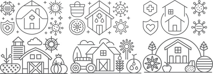 Health, Home, Agriculture, and Safety Themes in Line Art