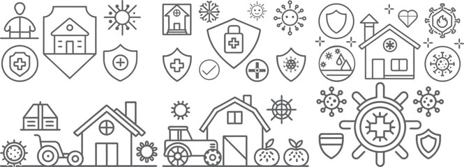 Insurance and Health Protection Symbols for Home, Farm, and Medical Care
