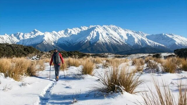 Solo hiker trekking snowy trail towards majestic snow-capped mountains under clear blue sky