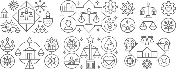 Comprehensive Collection of Symbolic Icons Representing Justice, Science, and Human Values