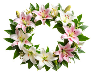 Lily Flower Wreath with Green Leaves, isolated on transparent background.