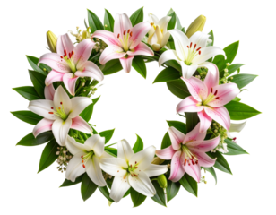 Lily Flower Wreath with Green Leaves, isolated on transparent background.