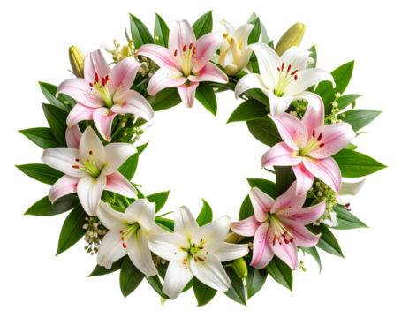 Lily Flower Wreath with Green Leaves, isolated on transparent background.