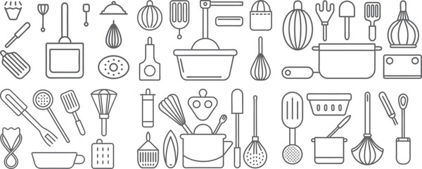 Extensive Collection of Kitchen Utensils and Cookware Icons for Culinary Use