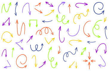 Set of hand drawn marker colorful arrows of various shapes and directions. Bright doodle elements for direction, pointer or design decoration
