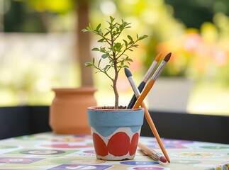 Creative Flourish: A delightful tableau of artistic tools nestled alongside a vibrant bonsai tree, all set against a soft, bokeh backdrop, celebrating the fusion of art and nature