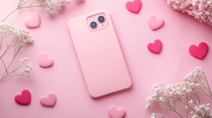 Adorable Phone Mockup Surrounded by Hearts on Pink Background for Valentine's Day Concept