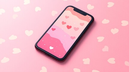Adorable Phone Mockup Surrounded by Hearts on Pink Background for Valentines Day Concept
