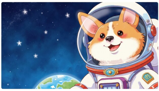 Corgi astronaut in space suit surrounded by stars and earth, space exploration adventure
