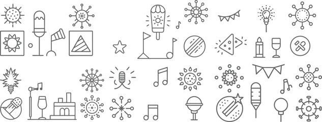 A whimsically diverse collection of celebration and event icons inviting creativity with clean