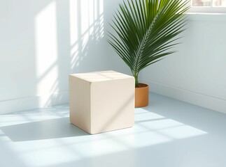 Minimalist Still Life: A neutral-toned cube sits elegantly in a serene room with natural light, next to a vibrant palm plant, showcasing clean lines and simple forms. 