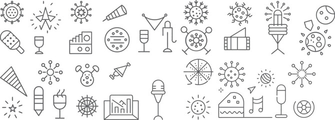 Outlined party icon set celebrating events in a post pandemic world in a minimal line art style with
