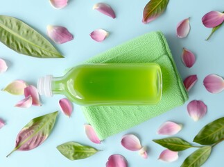 Wellness in Bloom: An invigorating green elixir, cradled by a soft towel, blooms amidst a gentle dance of petals and leaves, offering a refreshing pause in the embrace of a tranquil ambiance.