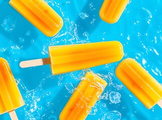 Summer's Citrus Splash: A vibrant composition of refreshing orange popsicles and cool water droplets, evoking the essence of summertime and pure delight.