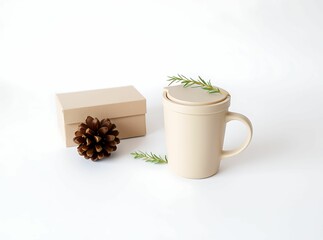 Minimalist Mug with Pinecone: A stoneware mug with a lid is styled in a minimalist composition with a pinecone and sprig of rosemary, creating a cozy and serene aesthetic.