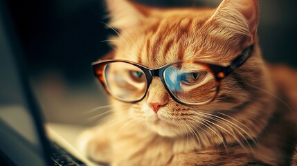 Cute Cat Studying Online - Adorable feline wearing glasses sitting next to a laptop, learning and exploring the digital world.