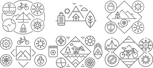 Outlined icons for a healthy life cycling nature activities line art