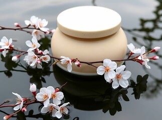 Serene Bloom: A cream-colored jar is adorned with delicate white blossoms, their petals gracefully juxtaposing against the still waters.