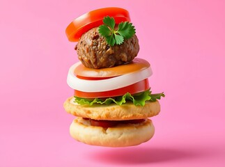 Gourmet Tower: A miniature gourmet burger masterpiece with vibrant colors and playful presentation against a pink backdrop, perfect for foodies.