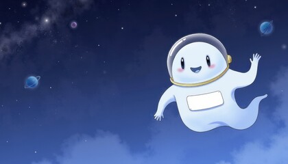 Cute cartoon ghost astronaut floating in starry space with planets