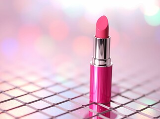 Radiant Charm: A captivating image of a pink lipstick, exuding sophistication and elegance, is artfully captured against a dreamy, blurred background with bokeh effects.