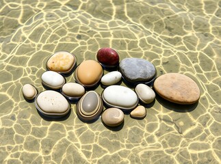 Serene Stone Arrangement in Water: A collection of smooth, colorful stones rests gently in clear water, creating a tranquil display of natural beauty, perfect for meditation and relaxation.