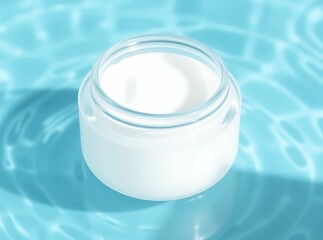Tranquil skincare: A pristine glass jar of luxurious cream, nestled amidst calming water ripples, offering a serene visual experience. 